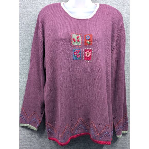 Vintage Sweaters - VINTAGE Christopher & Banks Sweater - Purple, Floral, Hand Embroidered, Size XL